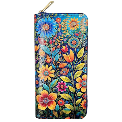 Blue Colourful Flowers Large Digital Print Purse